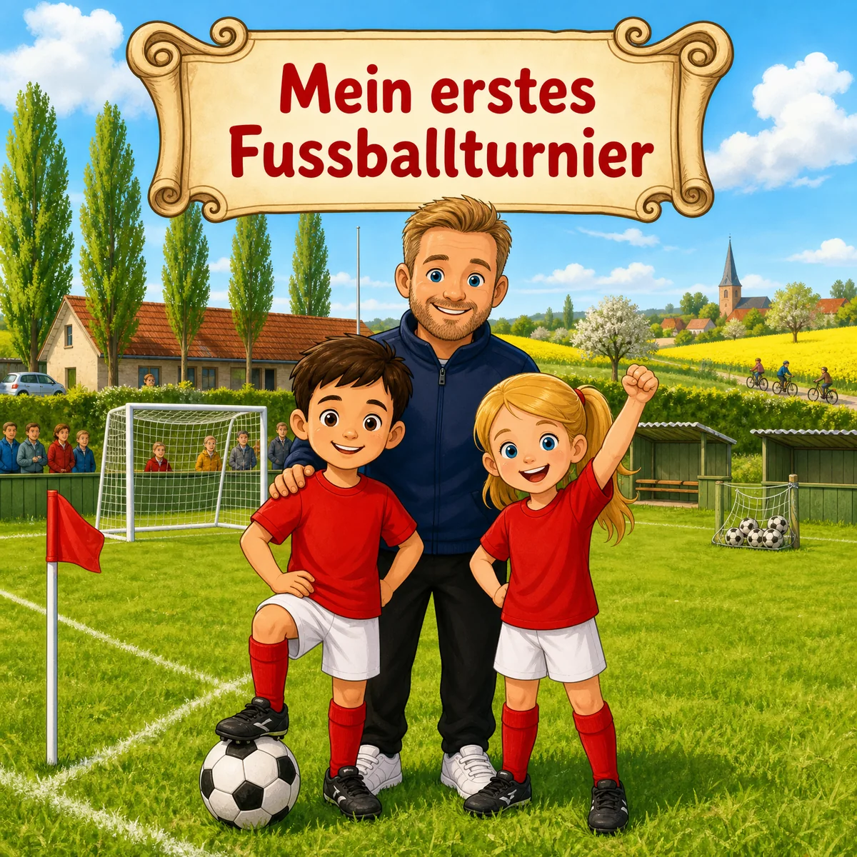 Zwei Familien sitzen zusammen im Wohnzimmer und sprechen mit einem Smart-Lautsprecher.