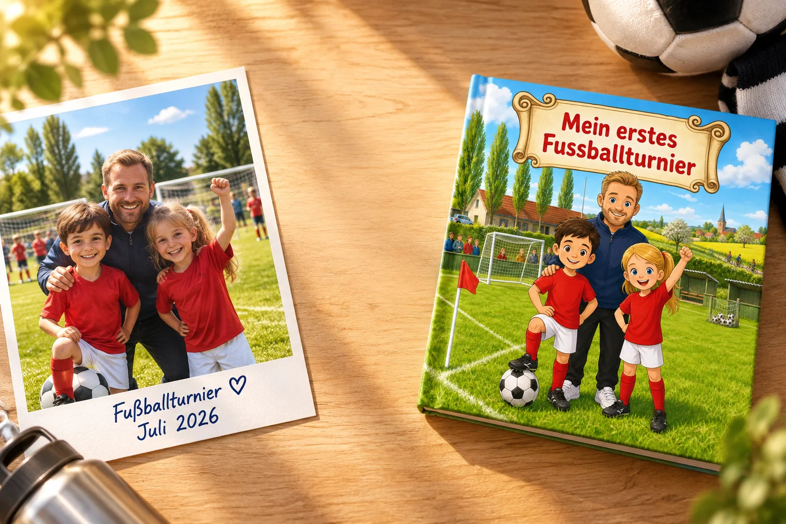 Polaroid vom ersten Fußballturnier neben dem fertigen personalisierten Buch