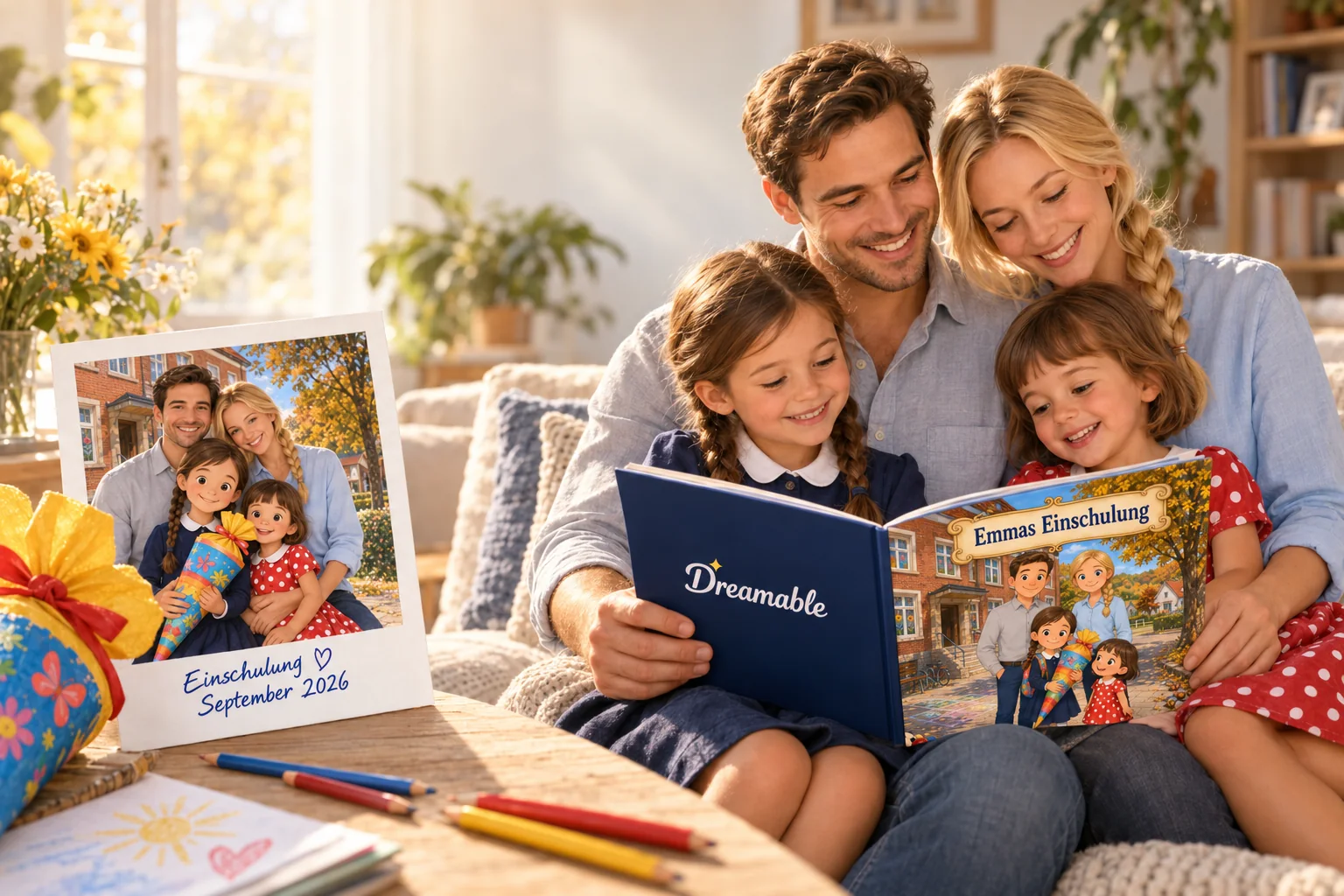 Familie liest gemeinsam das personalisierte Buch zur Einschulung