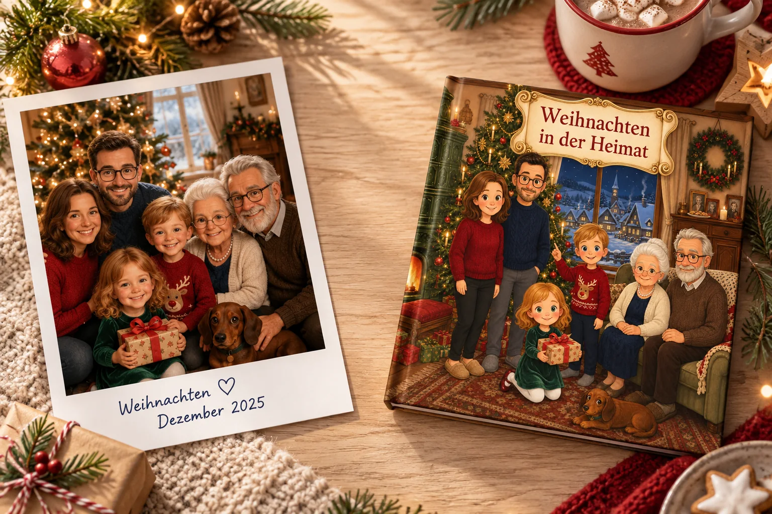 Polaroid vom Weihnachtsfest mit drei Generationen neben dem fertigen personalisierten Buch
