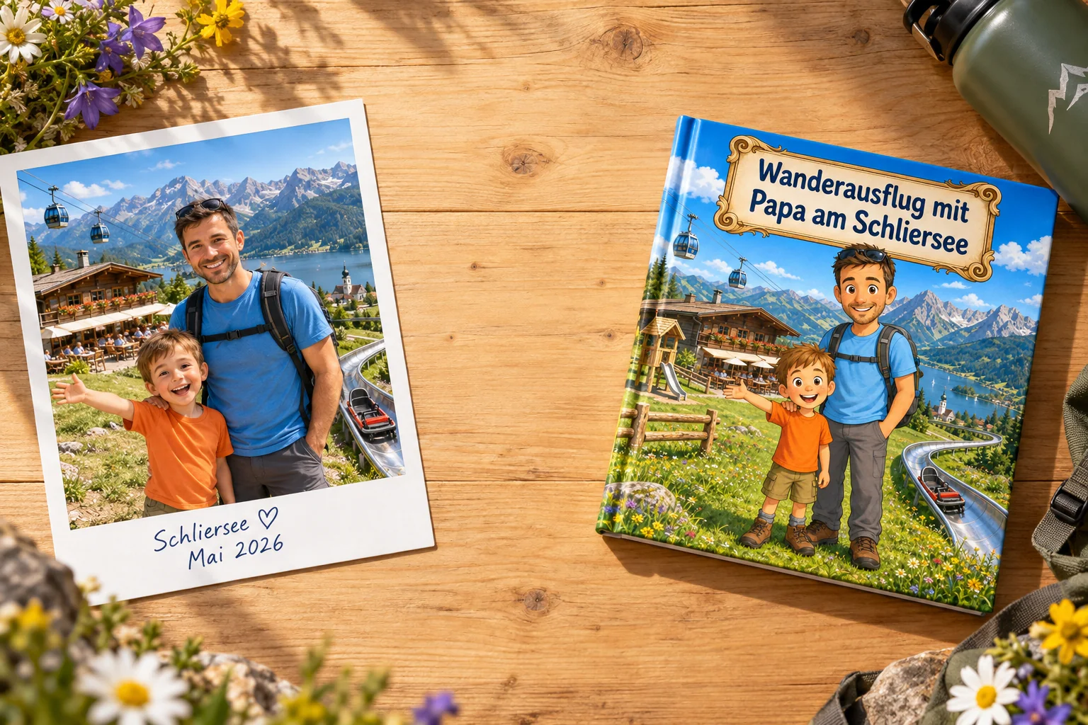 Polaroid von Vater und Sohn am Schliersee neben dem fertigen personalisierten Buch
