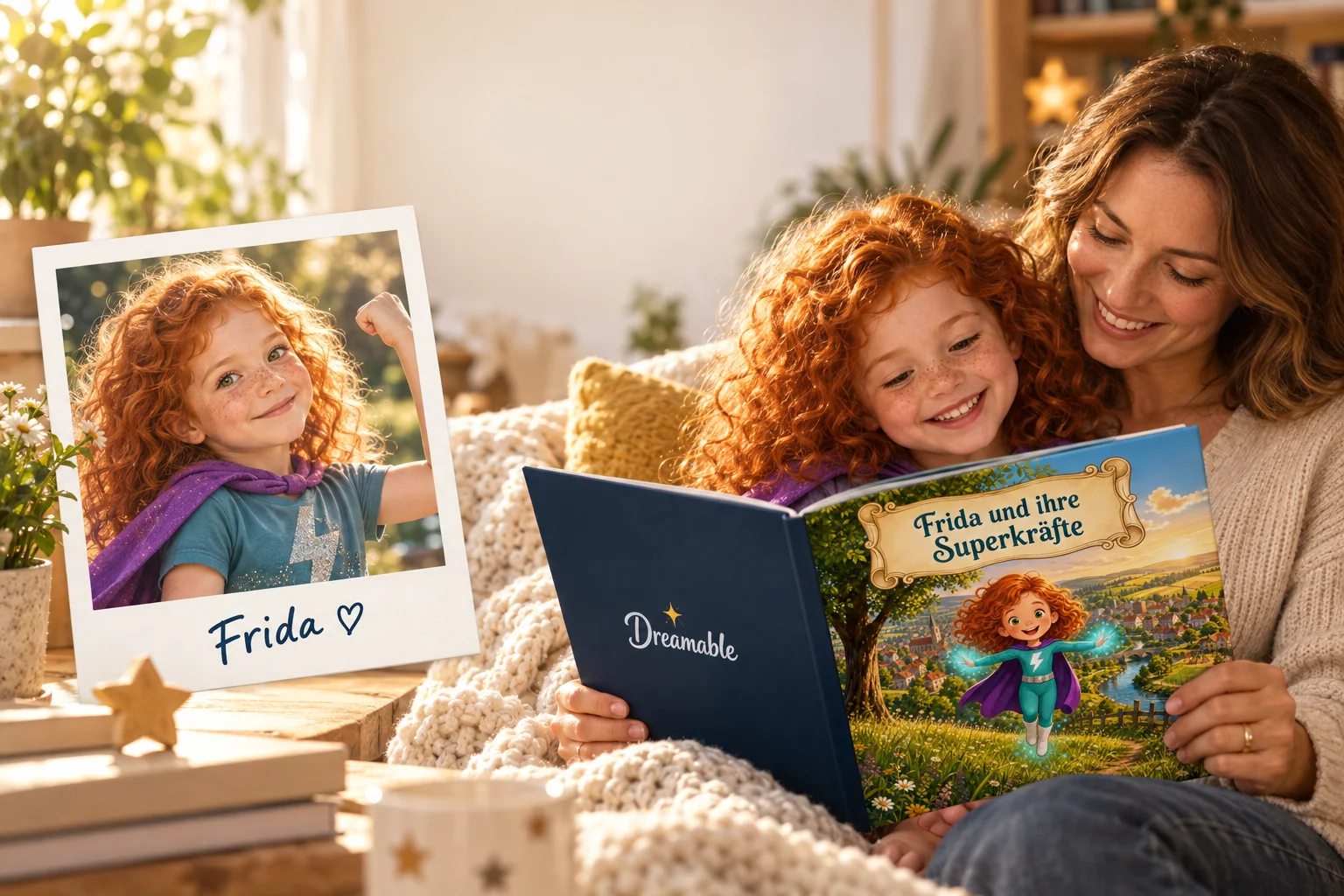 Mutter und Tochter lesen gemeinsam das personalisierte Superhelden-Buch
