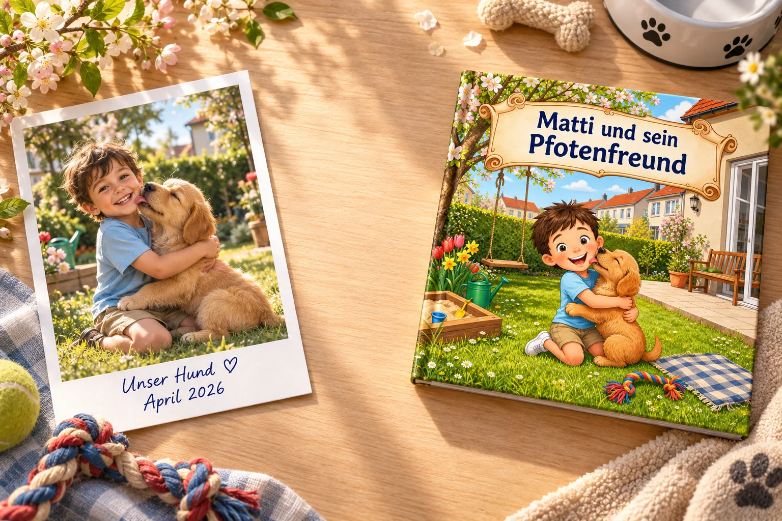 Polaroid eines Jungen mit seinem Hund neben dem fertigen personalisierten Buch