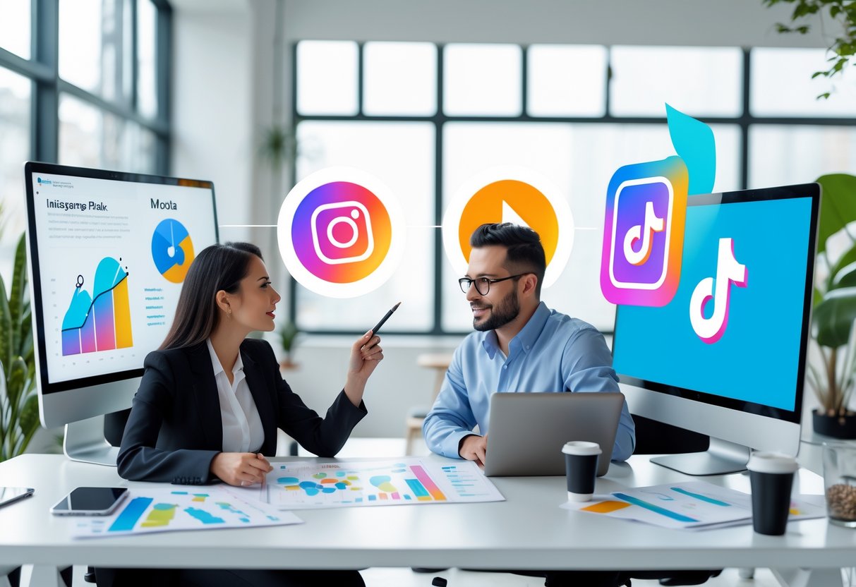 Twee marketingprofessionals bespreken socialmediastrategieën in een modern kantoor met computerschermen en digitale apparaten.