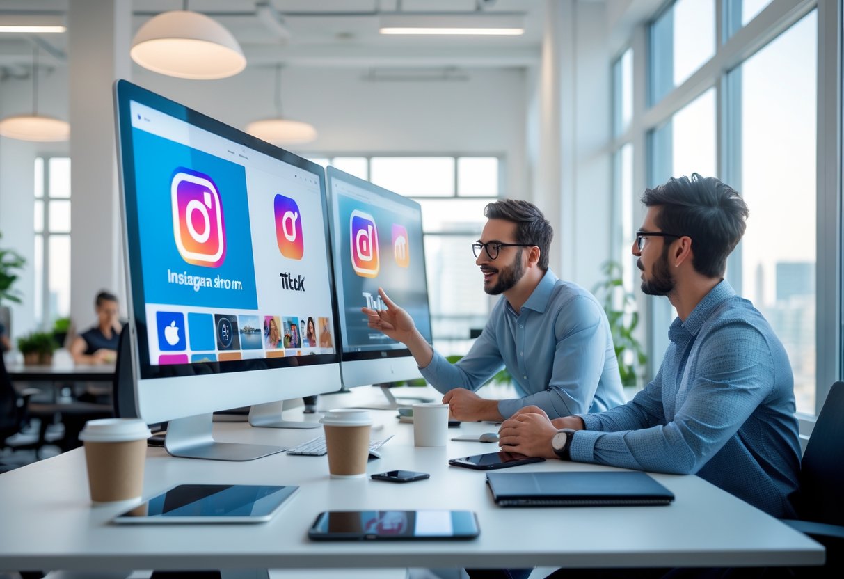 Twee mensen in een modern kantoor bekijken social media-video's op computerschermen en bespreken welke platform beter is voor bedrijven.