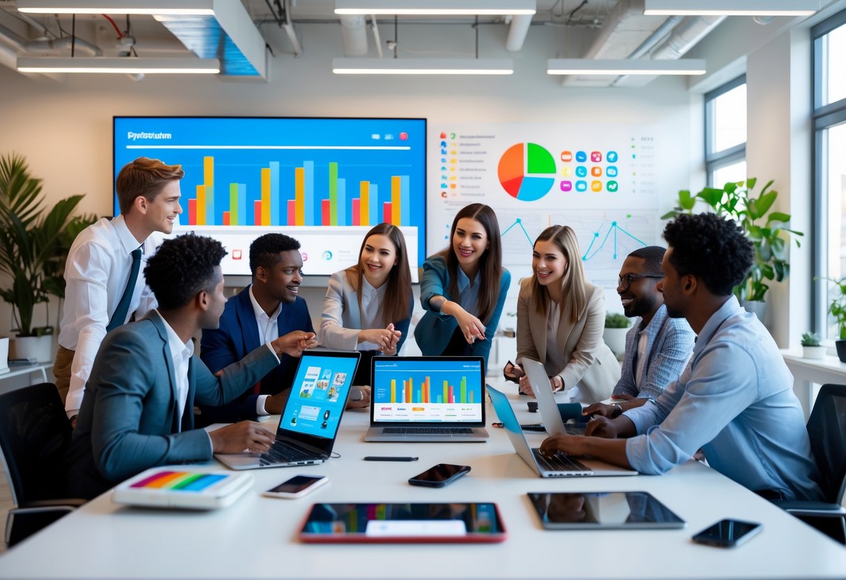 Een groep jonge professionals werkt samen aan digitale content in een moderne kantoorruimte met laptops en een groot scherm met grafieken.