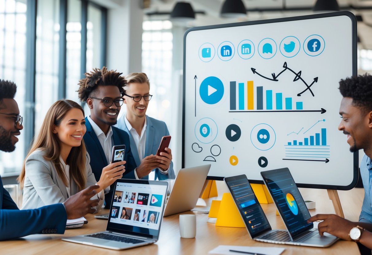 Een groep jonge professionals werkt samen in een lichte kantoorruimte met laptops en smartphones, waarbij ze digitale content en statistieken bespreken.
