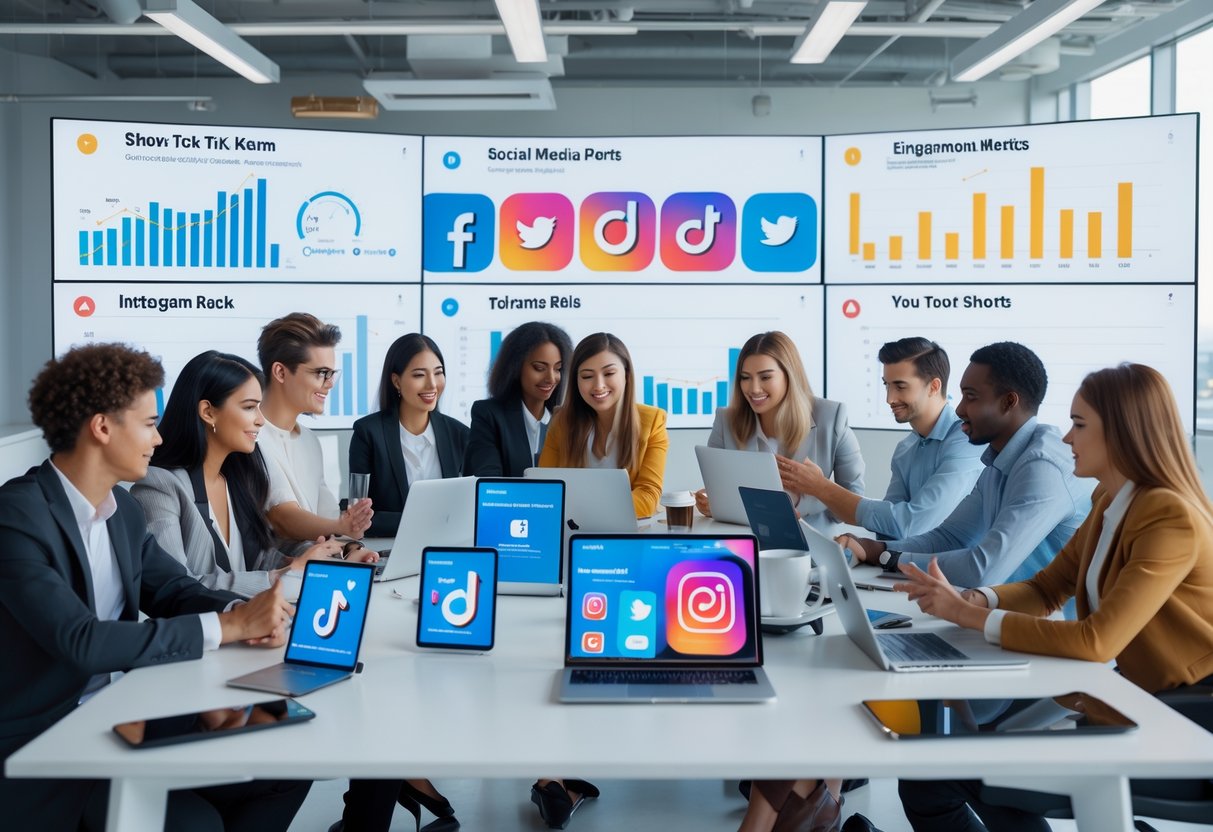 Een groep jonge professionals werkt samen aan korte social media video's op laptops en smartphones in een modern kantoor.
