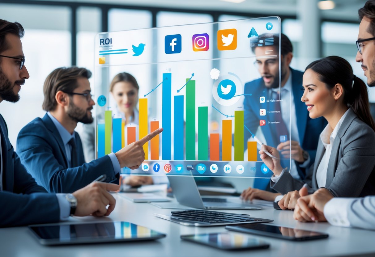 Een groep zakelijke professionals analyseert sociale media statistieken op digitale schermen in een moderne kantooromgeving.