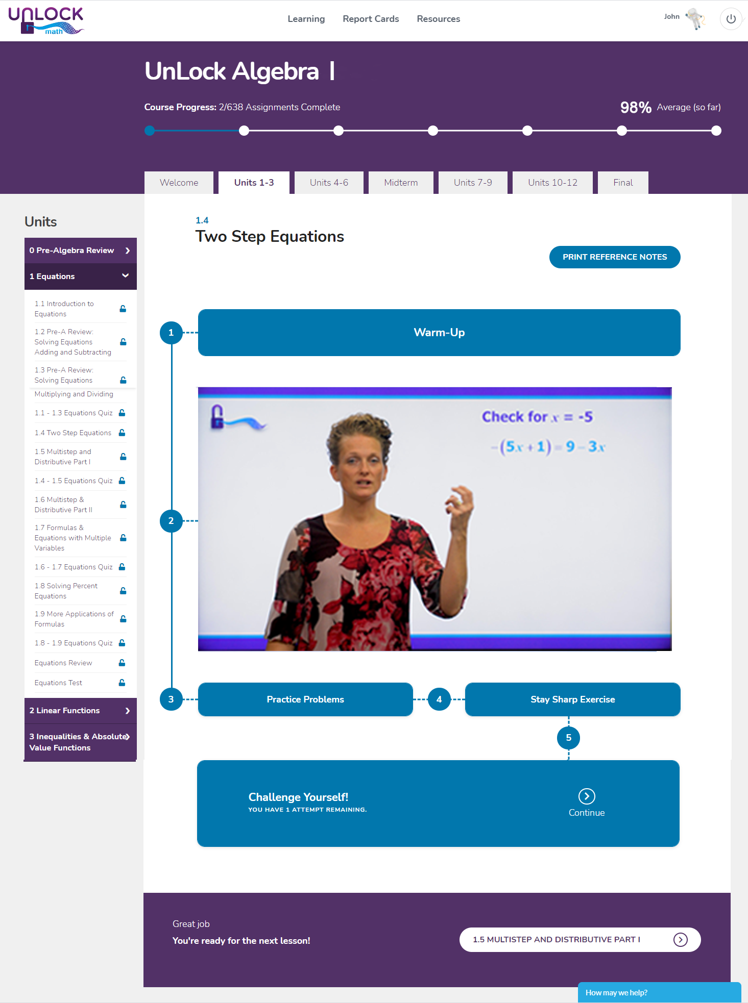 Unlock Math Student lesson Page showing the 6-step learning path from Warm-Up to Reference Notes.