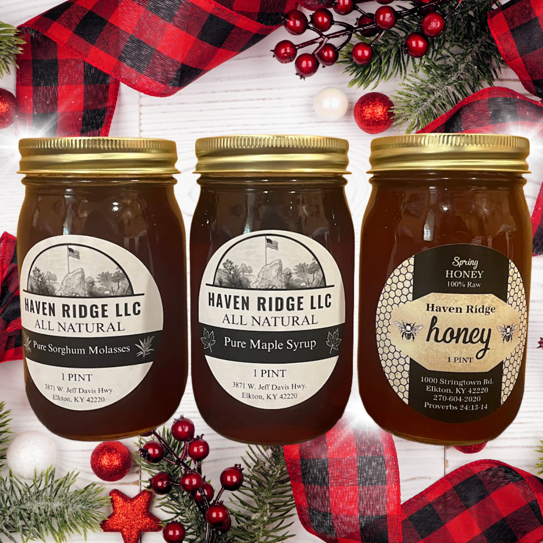 holiday honey, sorghum molasses, and maple syrup