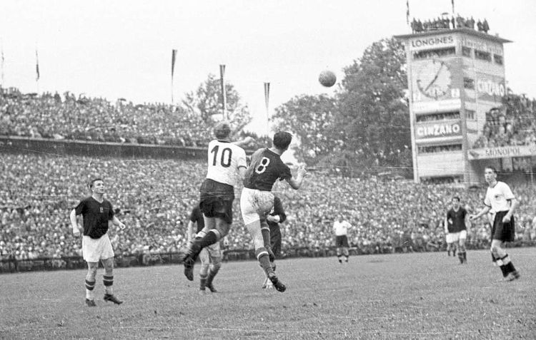 iconic Longines ad on the scoreboard tower at the final of the FIFA world cup 1954 in Bern, Switzerland