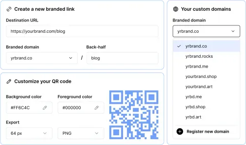 Interface to create a branded link with destination URL, branded domain selection, customizable QR code colors, export options, and a list of custom domains.