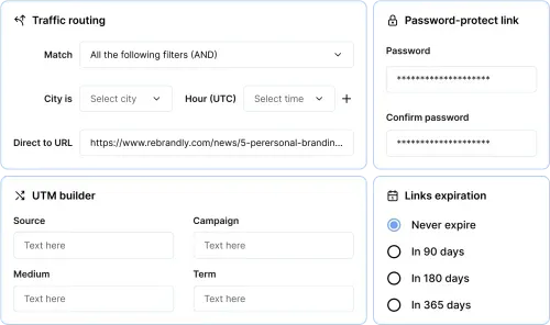 Interface showing options for traffic routing with filters for city and UTC hour, a password-protect link section with fields for password and confirmation, a UTM builder with source, campaign, medium, and term input fields, and link expiration settings with options including never expire and expiration in 90, 180, or 365 days.
