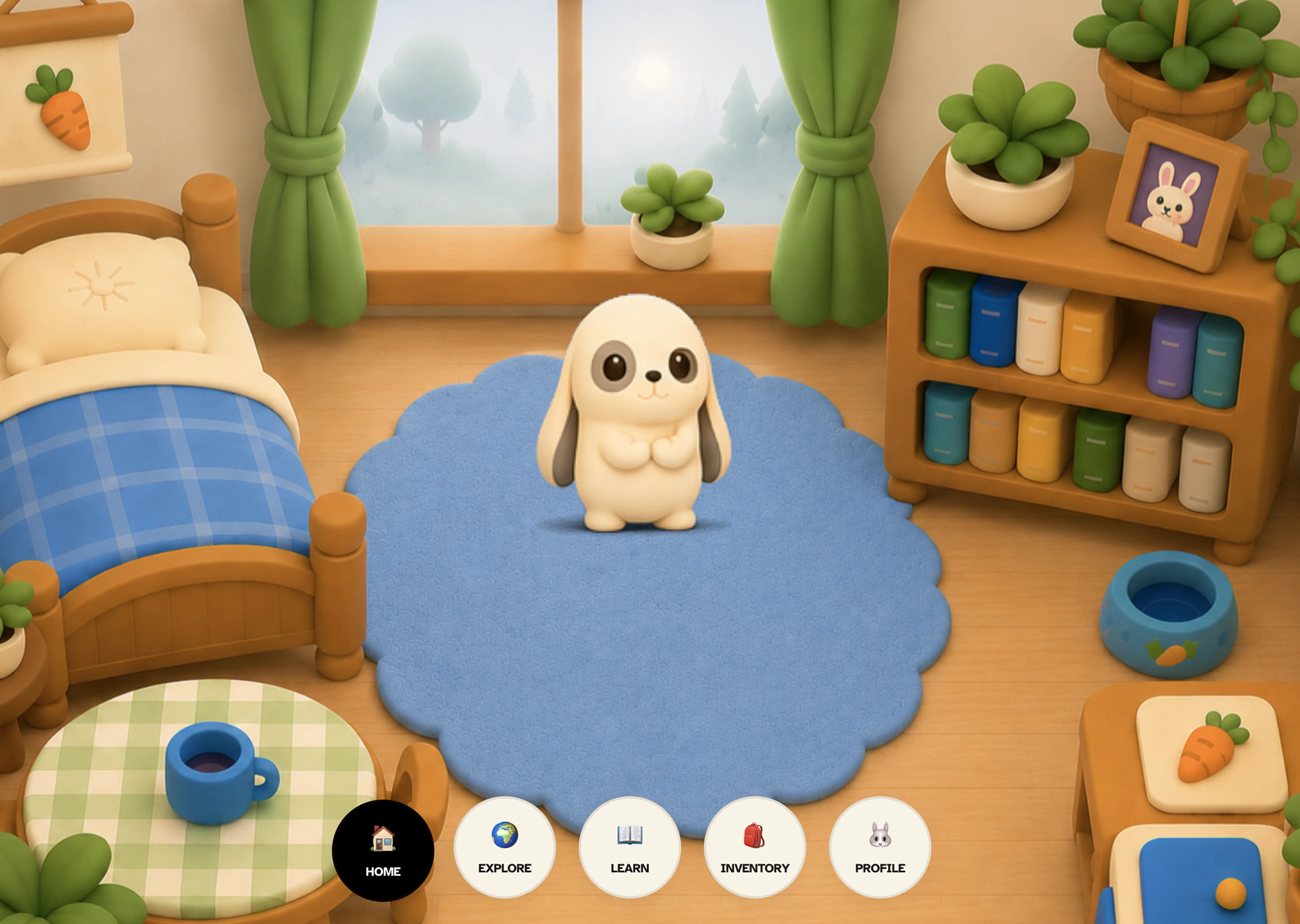White floppy-eared bunny standing on a blue rug in a cozy virtual room with a bed, bookshelf, and plants.