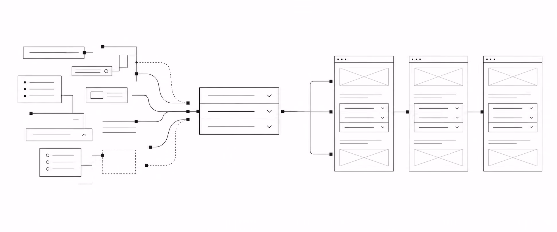 Minimal black-and-white systems illustration showing reusable FAQ component behavior repeated consistently across multiple page layouts.