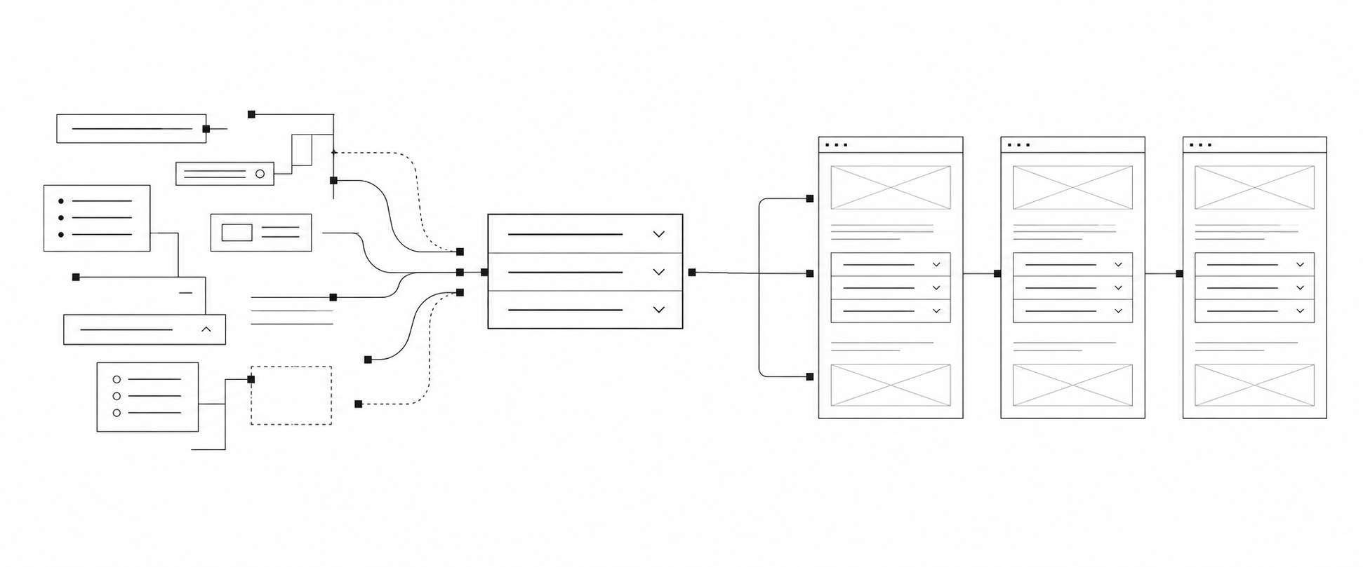 Minimal black-and-white systems illustration showing reusable FAQ component behavior repeated consistently across multiple page layouts.