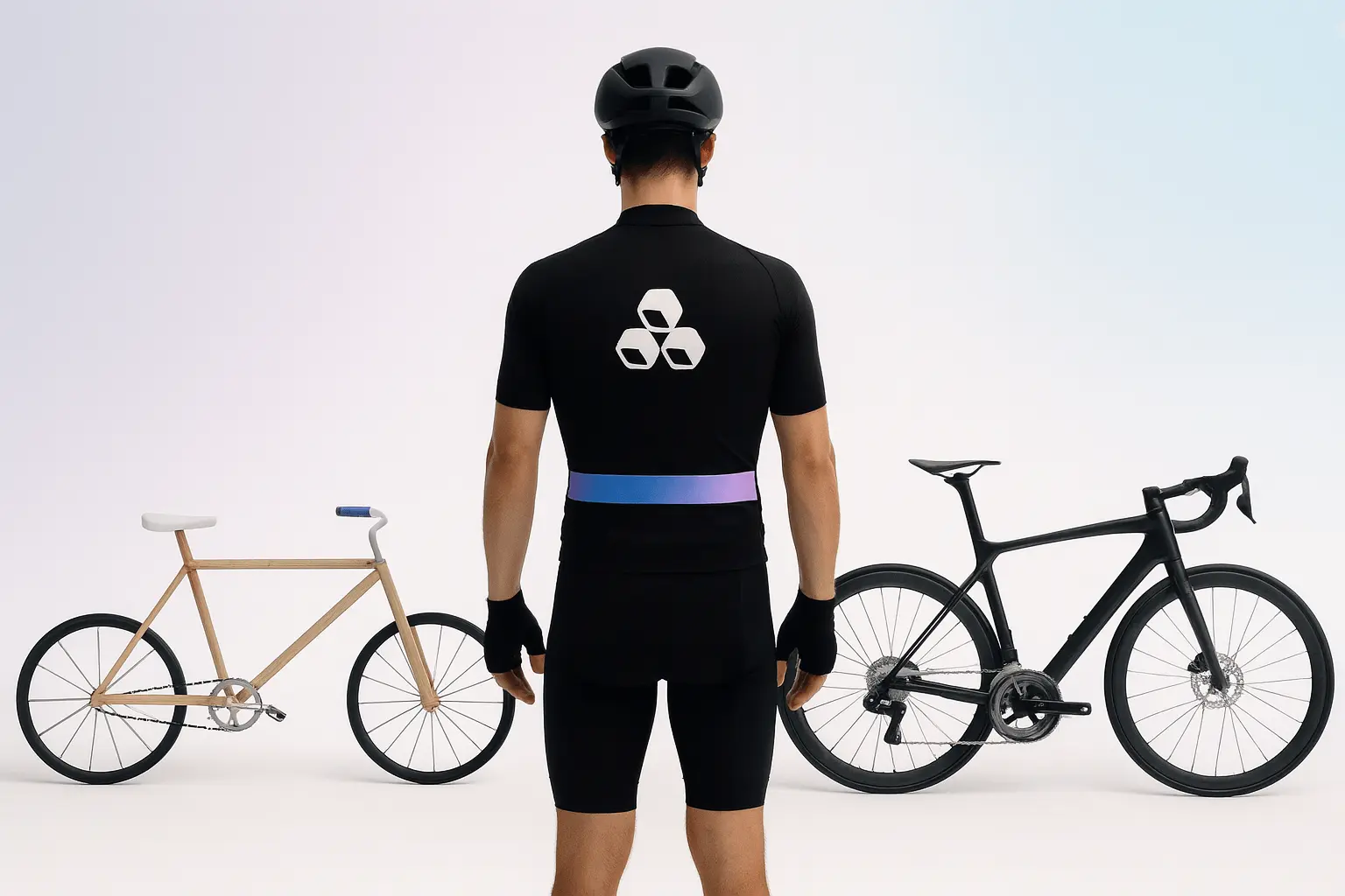 Rear view of a cyclist in black gear standing between a wooden minimalist bicycle and a modern black carbon road bike.