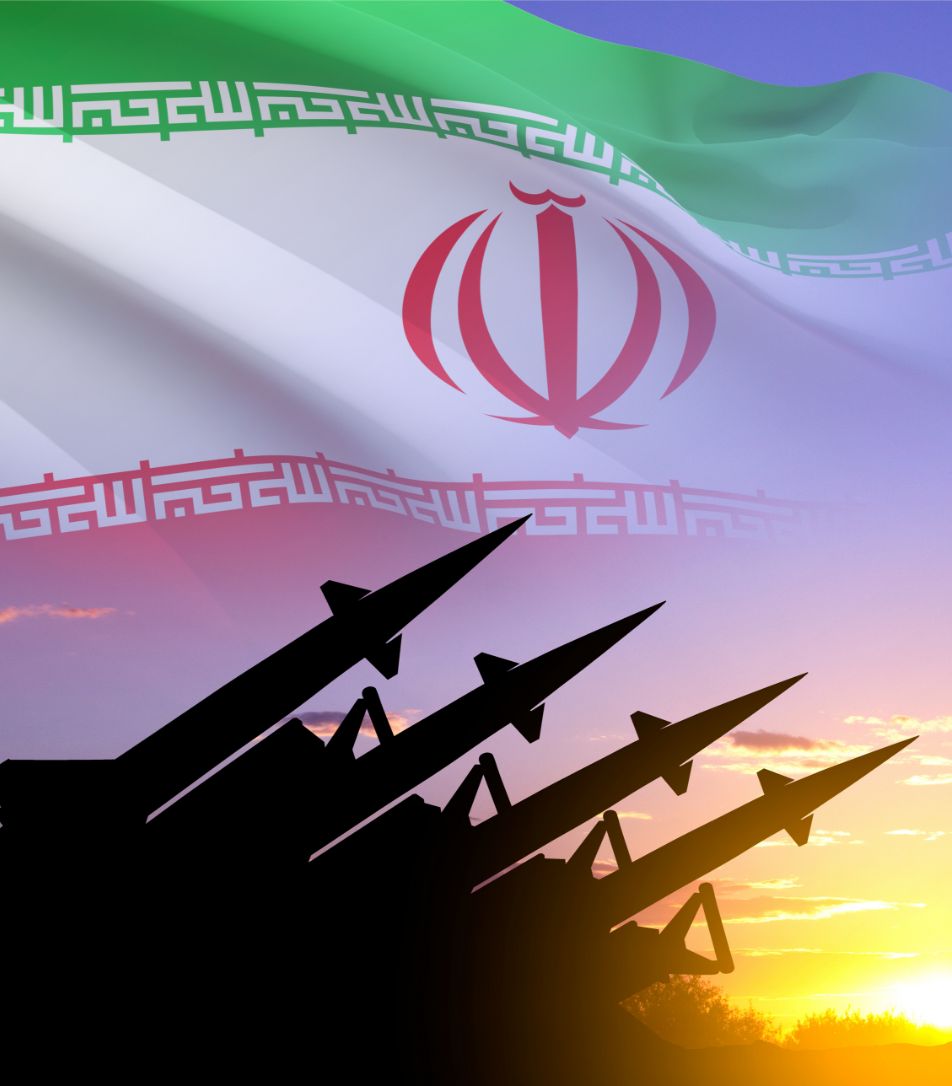 missiles in front of an iranian flag