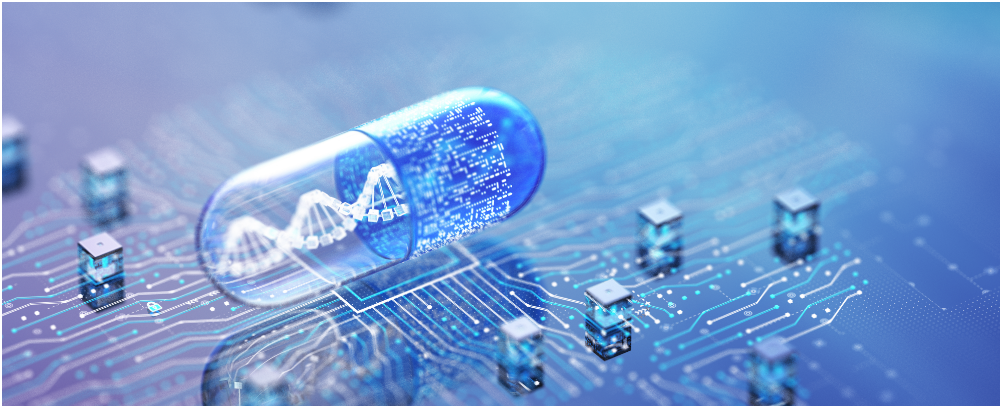 Pill capsule against technological background