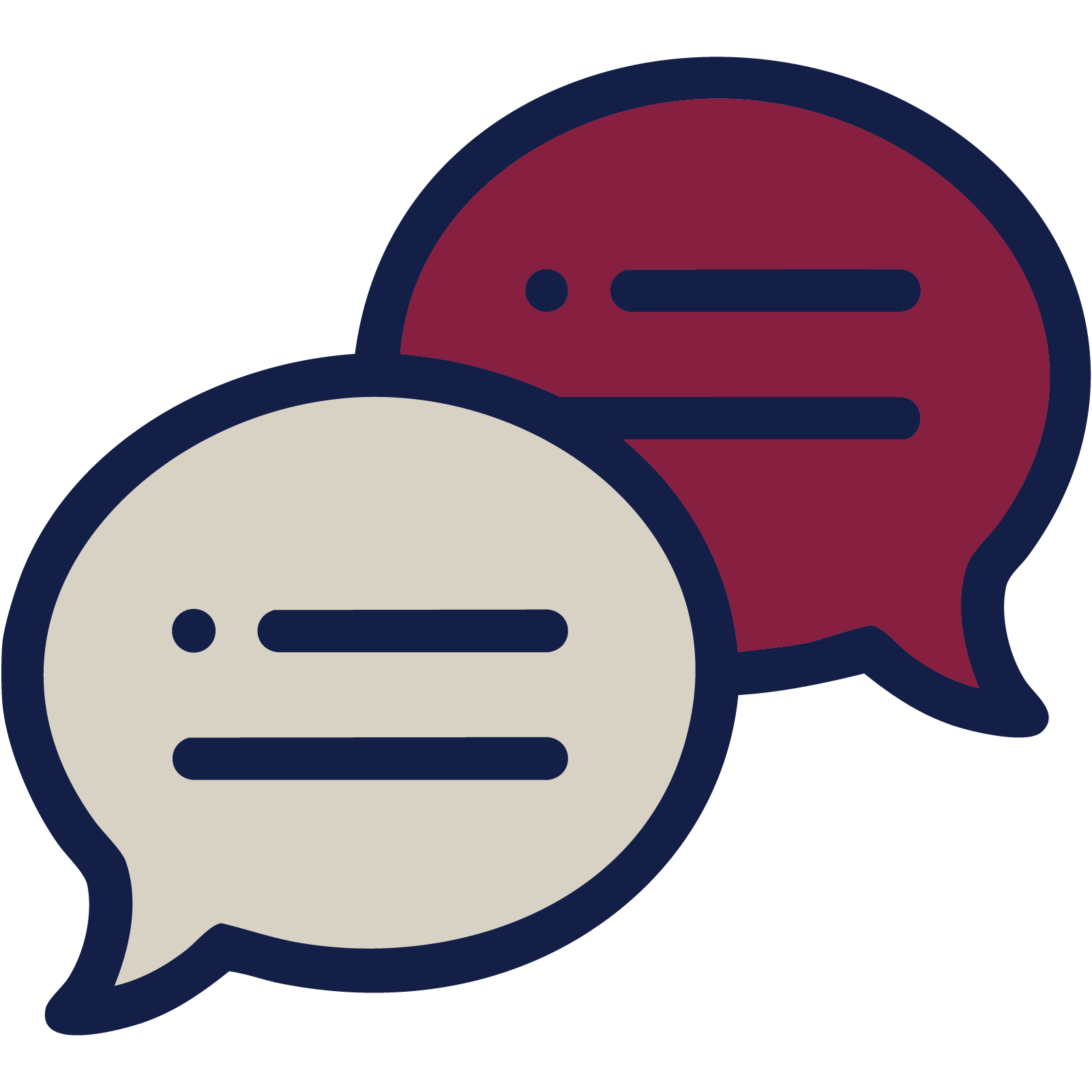 Two overlapping speech bubbles, one beige and one dark red, outlined in dark blue.