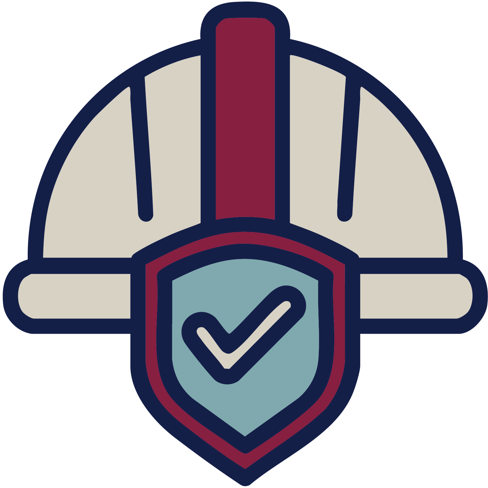 Safety helmet with a shield featuring a checkmark on the front, symbolizing protection and safety compliance.