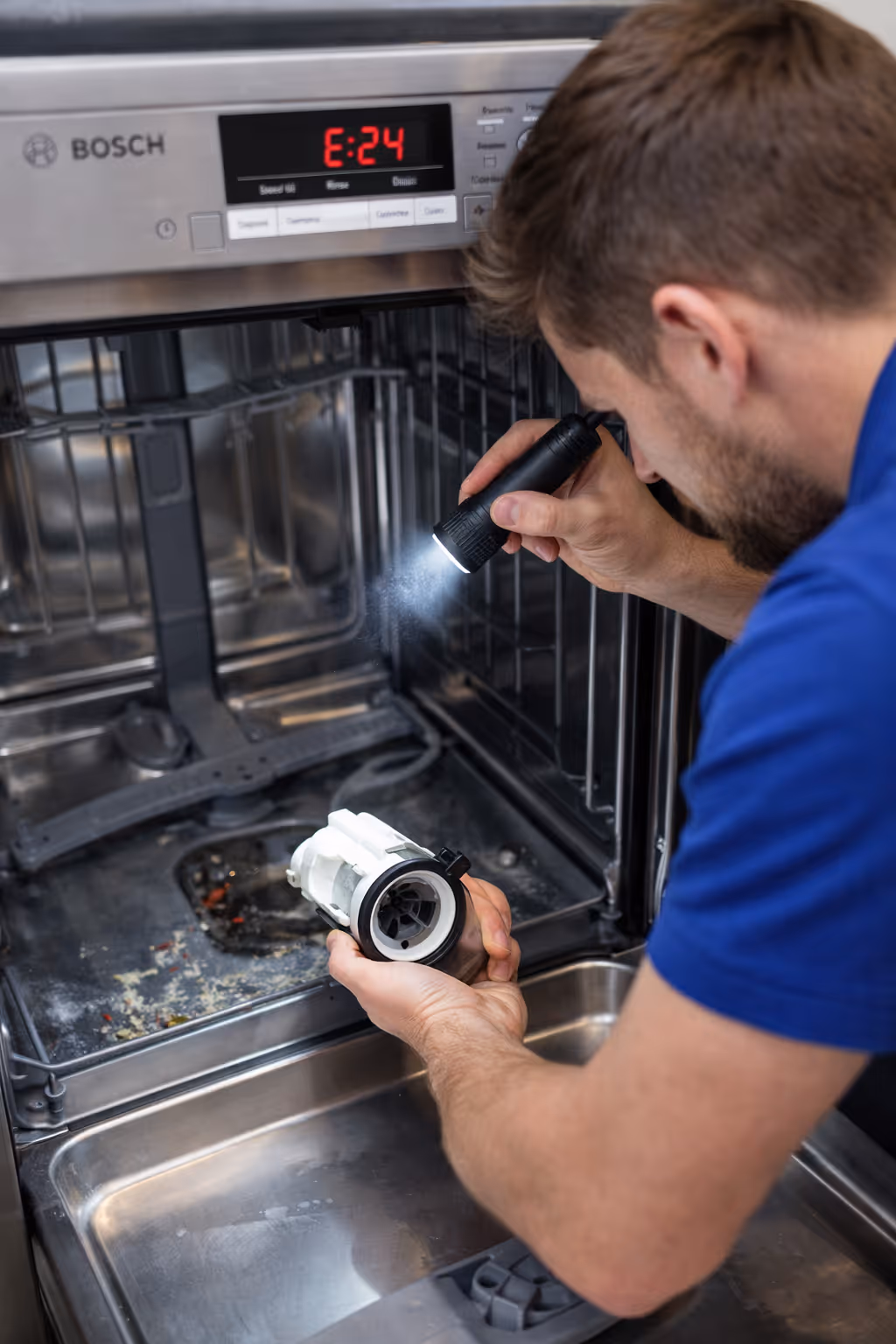 Appliance repair technician fixing Bosch dishwasher E24 drain error in Ontario