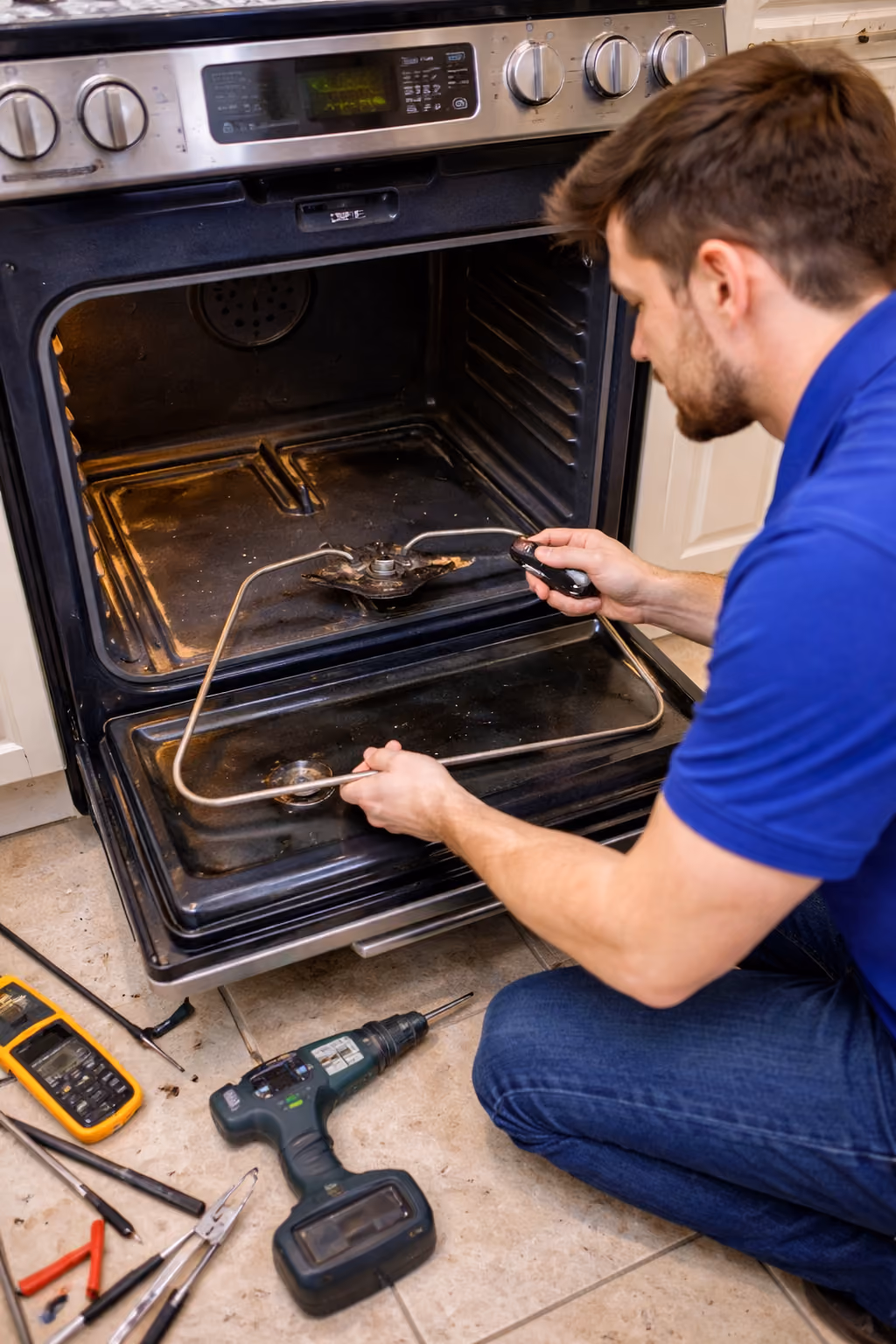 Appliance repair technician replacing a burned bake element inside a GE electric oven during repair.