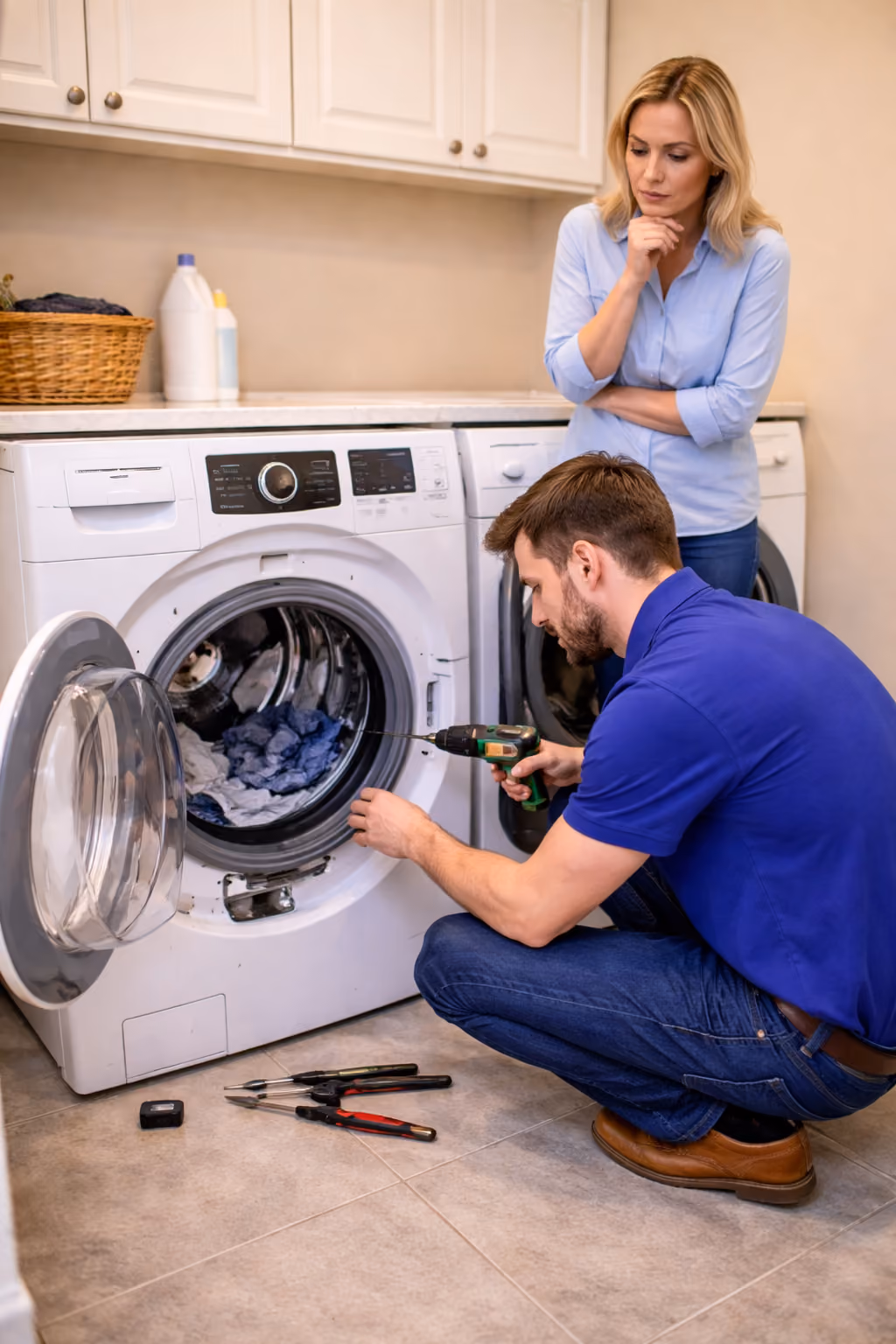 Technician repairing Samsung washer in laundry room while homeowner observes