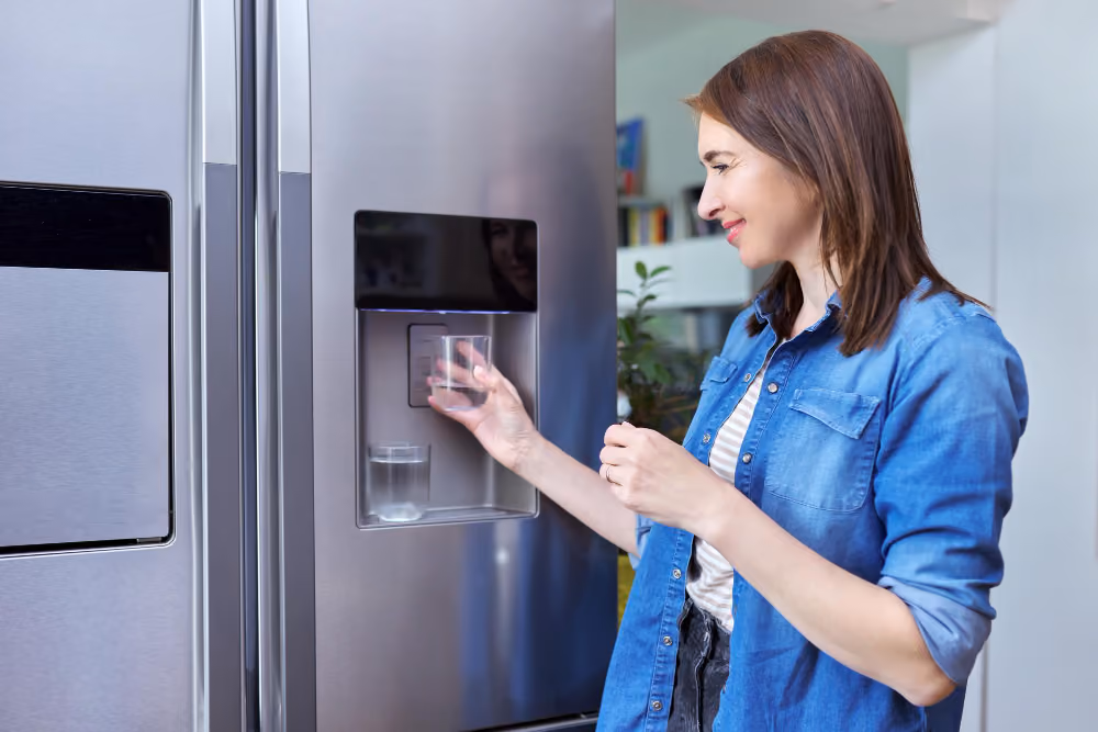 Water dispenser woman taking cold water into glass from home refrigerator
