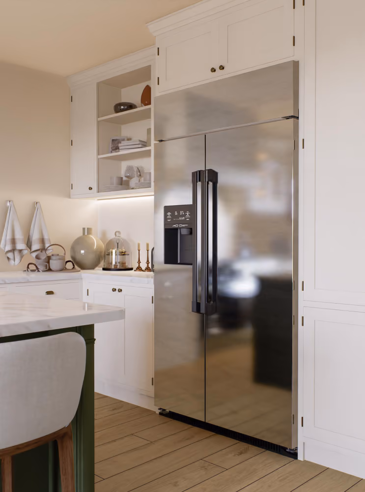 Chrome plated large double door refrigerator in the kitchen