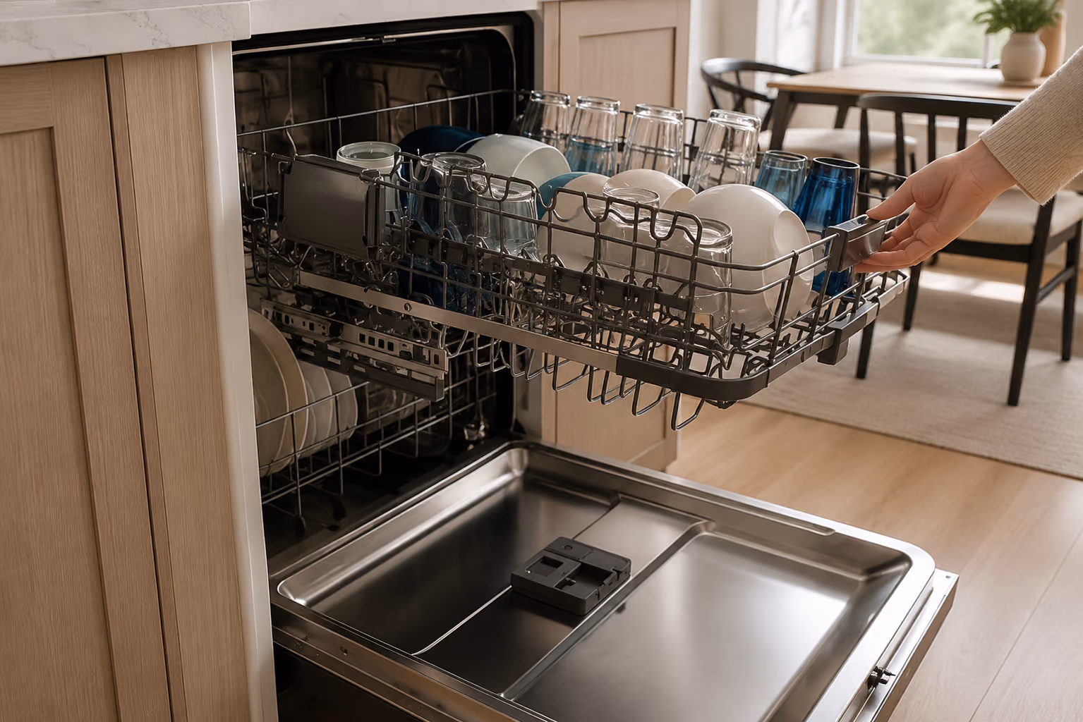 Kenmore open dishwasher with dishes inside