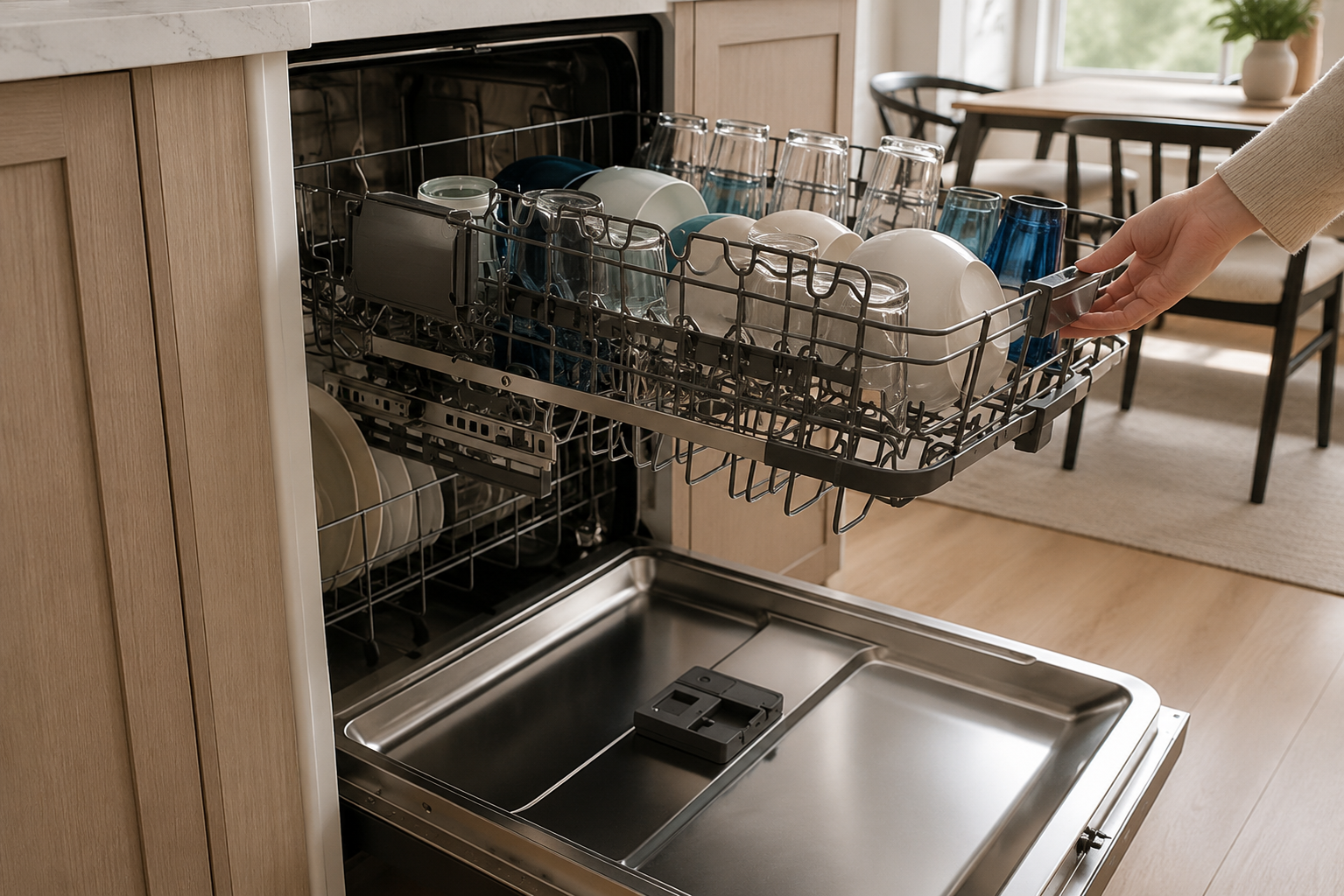 Kenmore open dishwasher with dishes inside