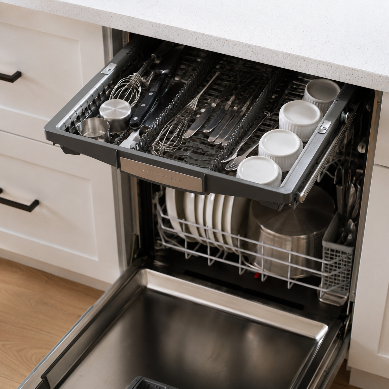 Open Bosch dishwasher loaded with dishes and utensils in a modern white kitchen