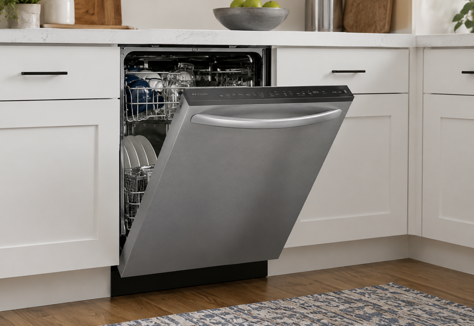 Frigidaire stainless steel dishwasher open in a modern white kitchen