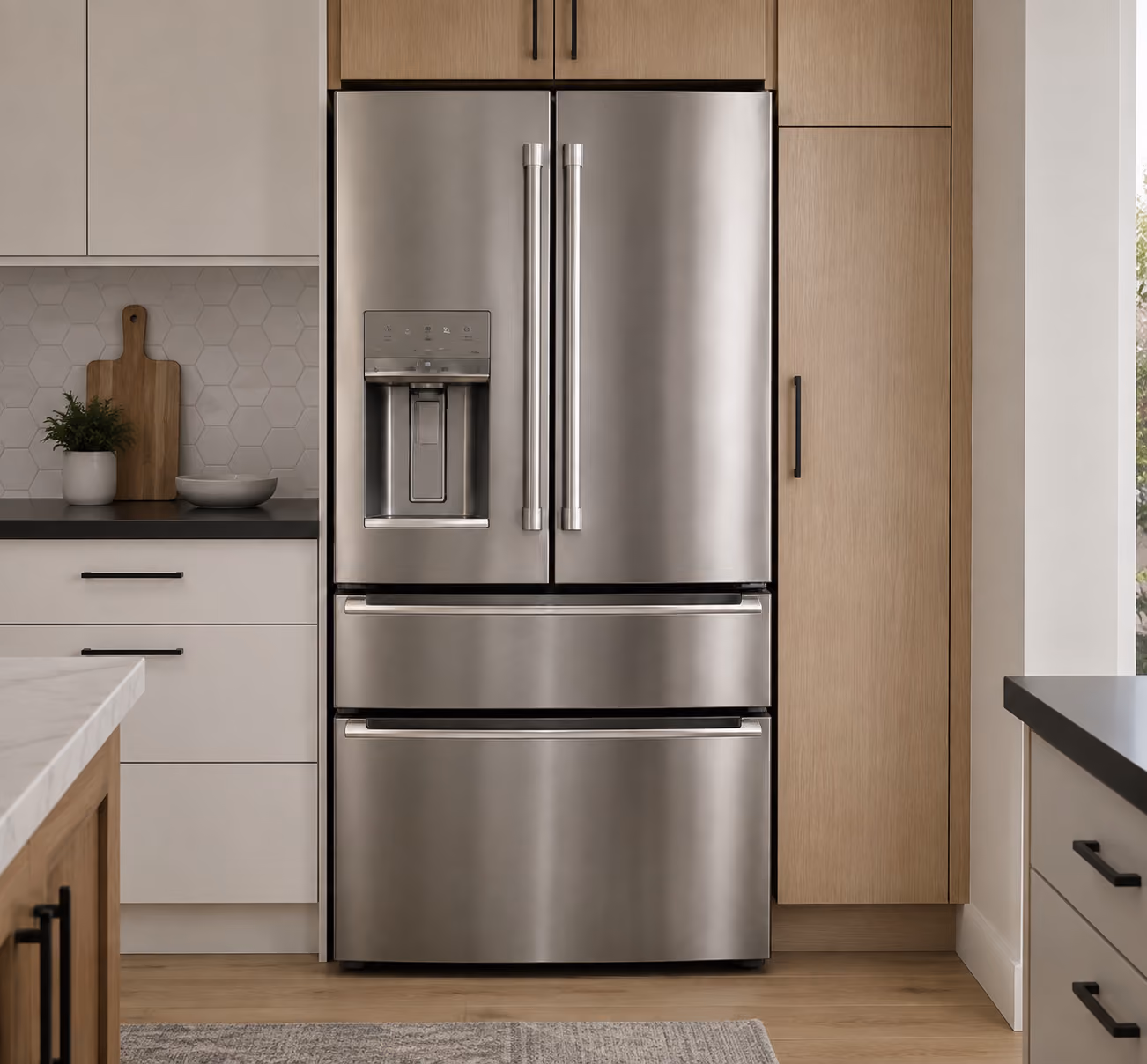 Frigidaire French-door stainless steel refrigerator in a modern kitchen with wood cabinets