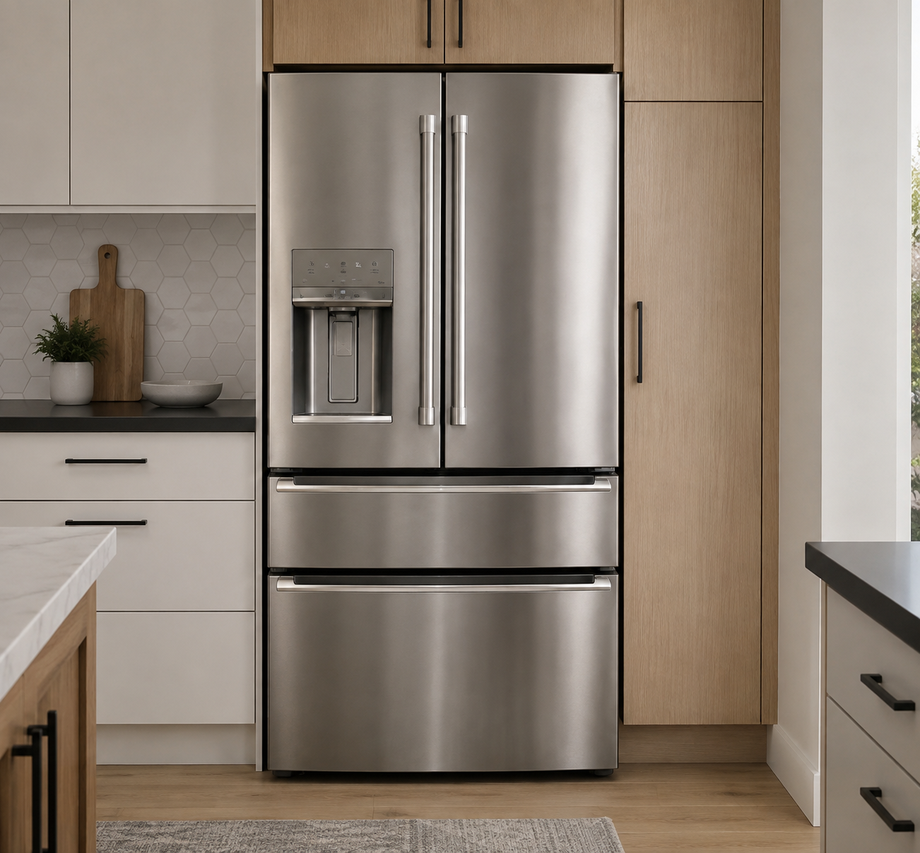 Frigidaire French-door stainless steel refrigerator in a modern kitchen with wood cabinets