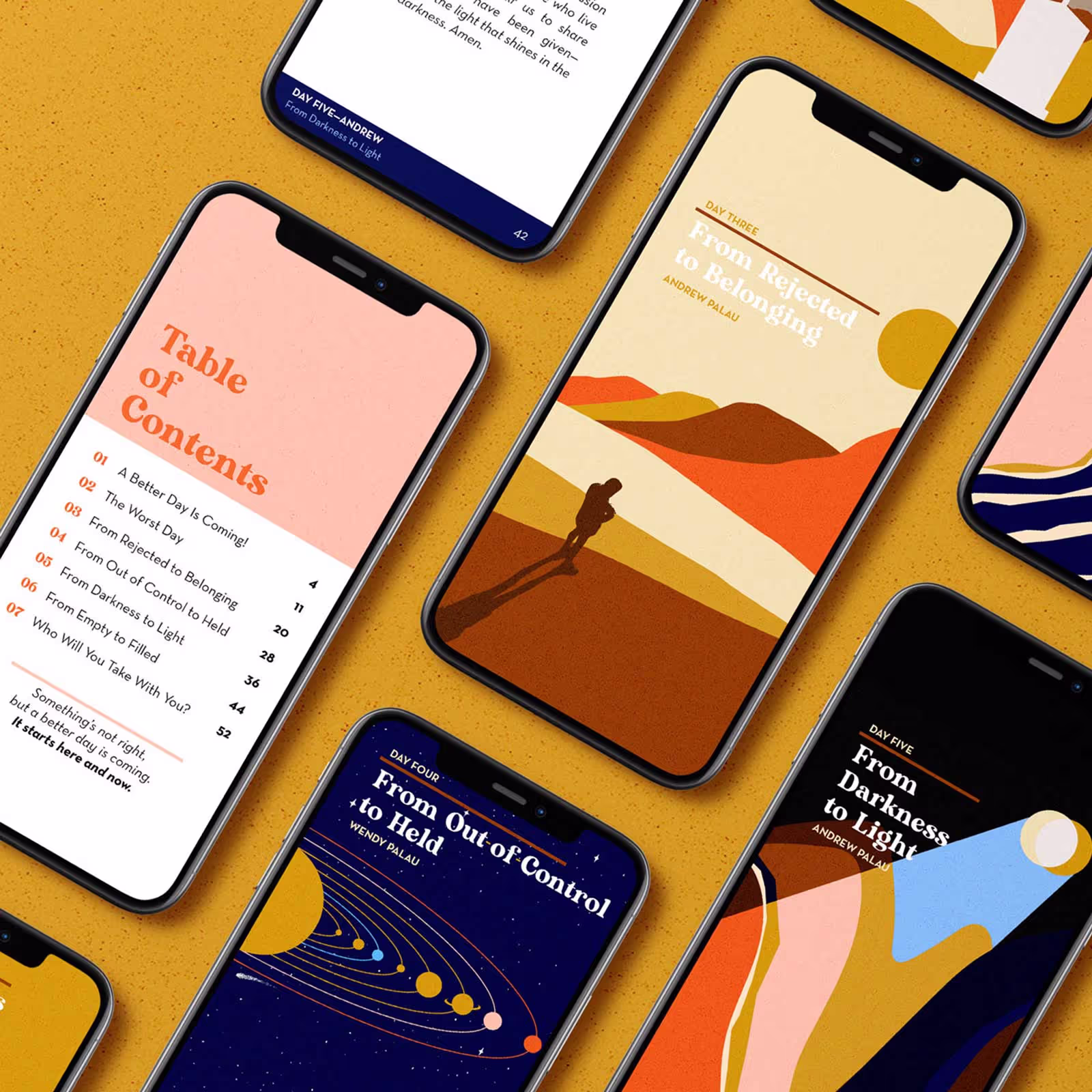 Flat lay of phones with images of a video series about the gospel