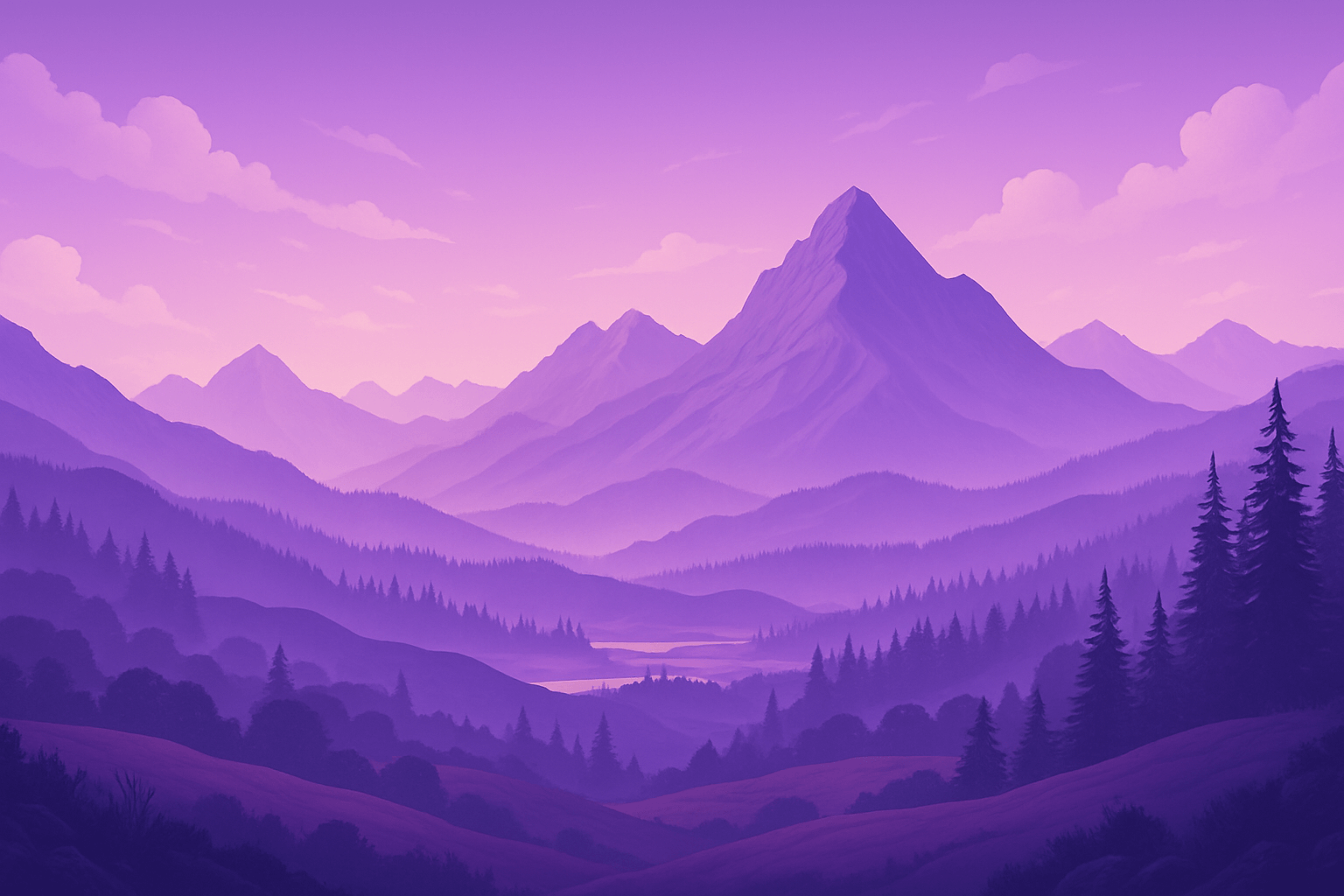 Paysage violet montagneux, atmosphérique, imaginaire