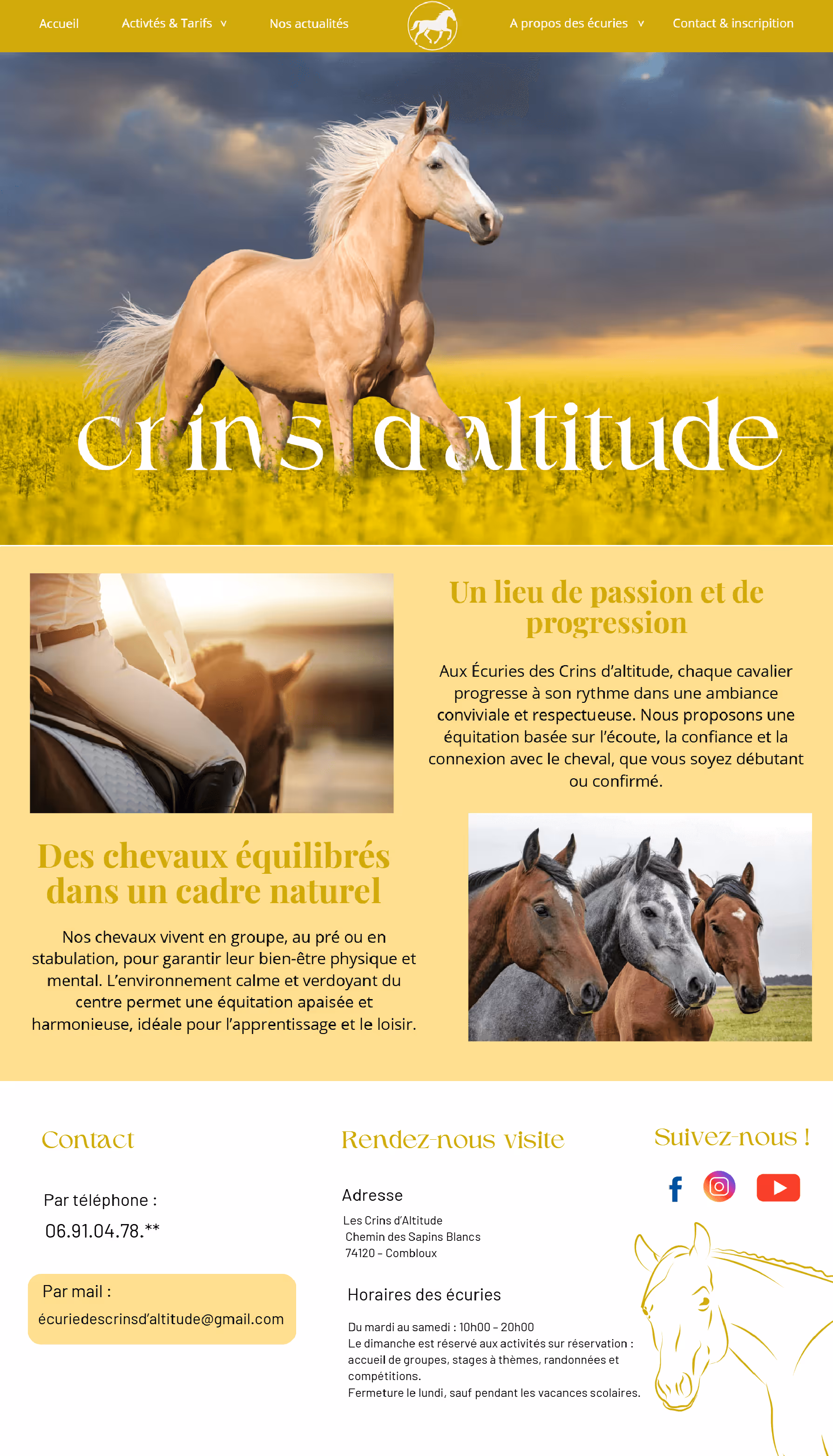 Exemple de site-web pour centre equestre. Thème jaune, description, footer bas de page.
