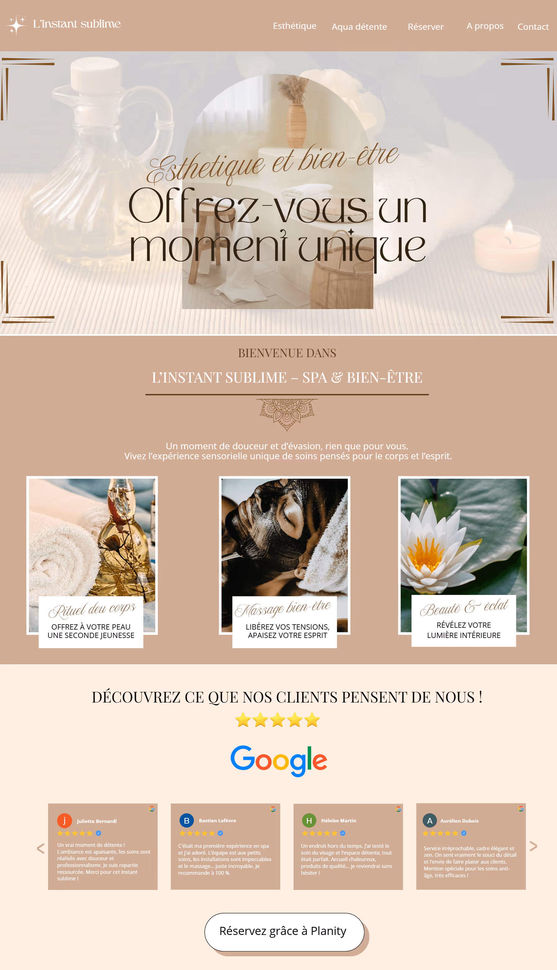 Exemple de site-web pour spa. Thème beige, photo, Avis, accueil