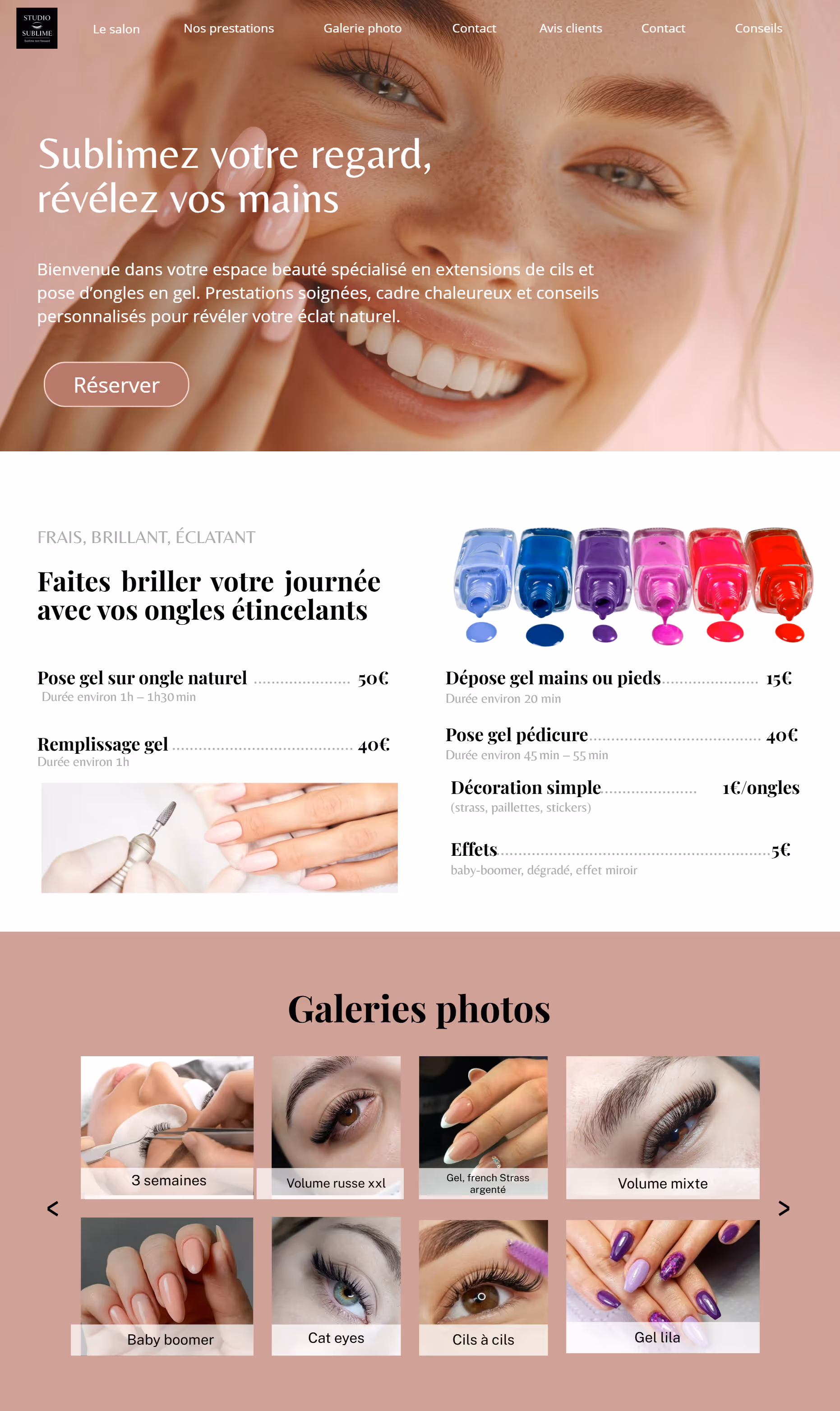 Exemple site-web beauté, cils- ongles, thème rosé, extension de cils-vernis
