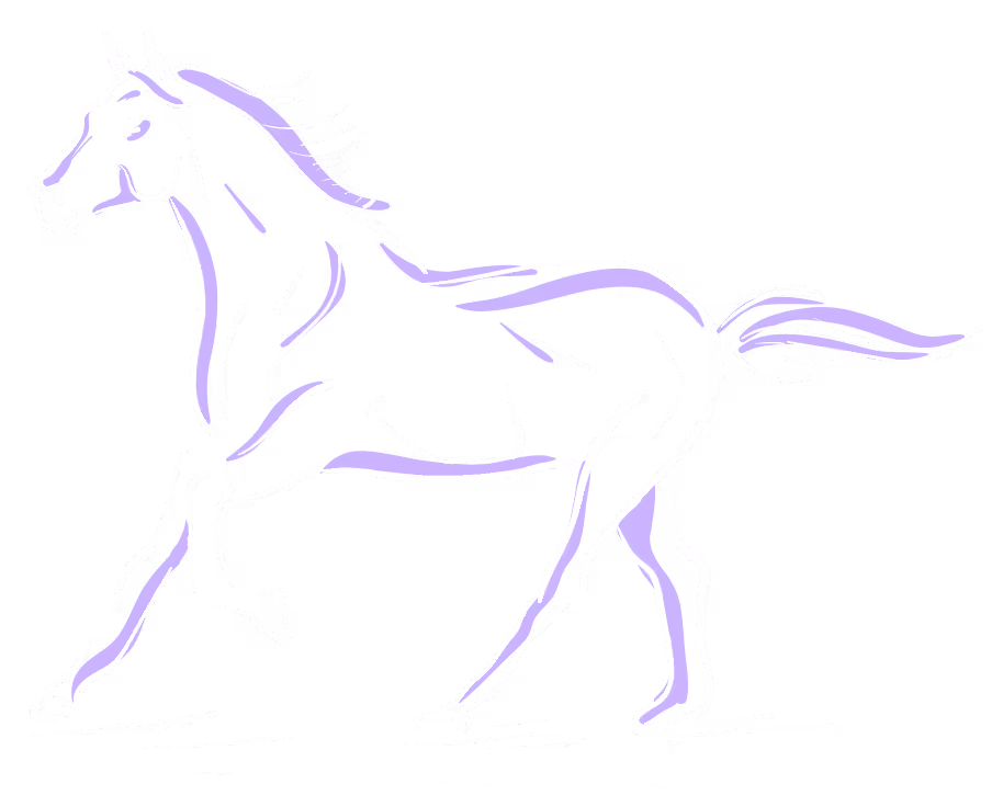 Cheval qui galope blanc et violet sur fond transparent.