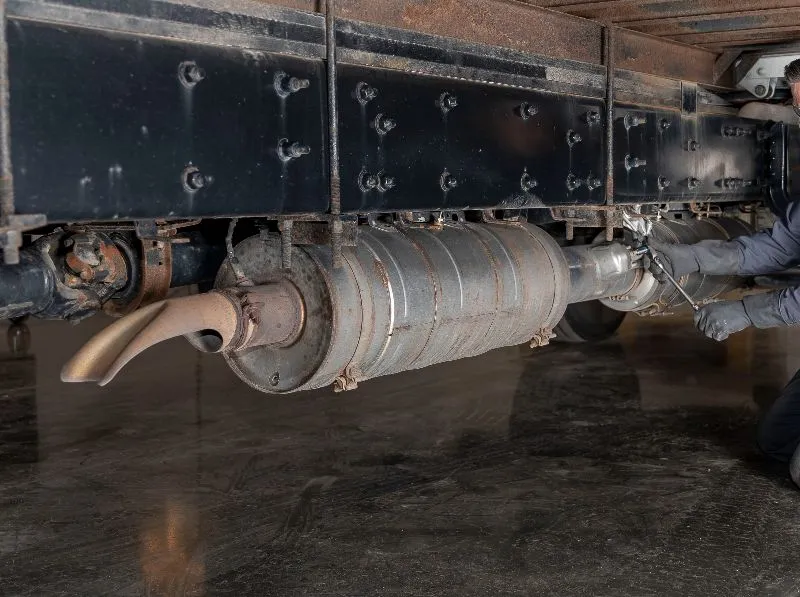 Mechanic tightens clamp on diesel truck exhaust aftertreatment system, inspecting DPF canister and piping beneath chassis in repair bay today.