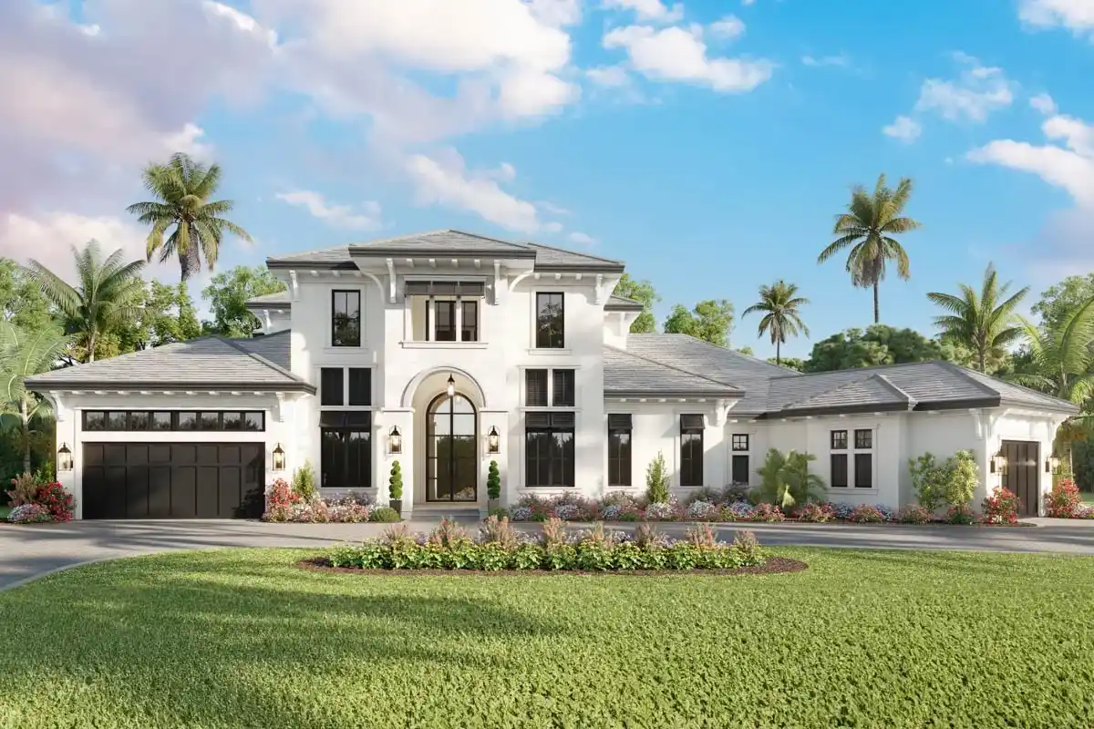 Luxury Sarasota home exterior with fresh white paint, black trim, and landscaping renovation