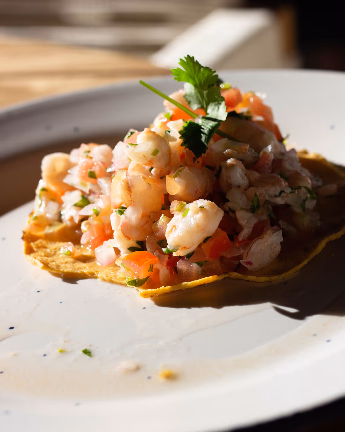 A plate featuring a taco topped with shrimp, diced tomatoes, and cilantro, against a light background. This dish showcases a fresh seafood meal, often enjoyed at the beach in Baja California, perfect for an adventure.