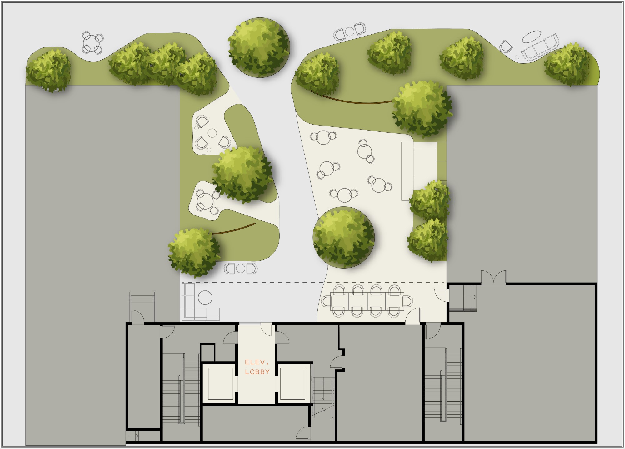 Architectural rooftop garden plan with trees, pathways, and elevator lobby access in building layout.