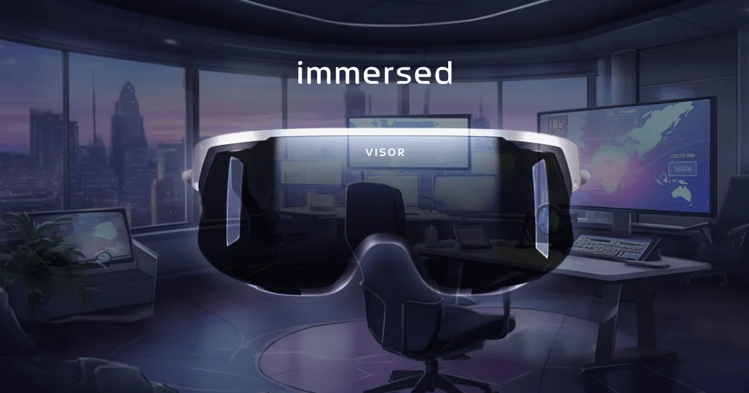 High tech glasses mid screen in a purple office room