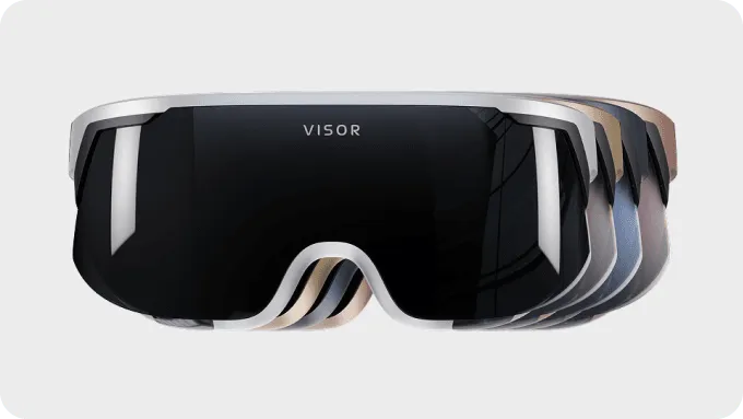 Front view of multiple stacked Visor headsets in different colors, showcasing sleek design and reflective lenses.