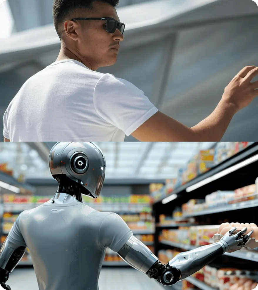 Split image showing a man in sunglasses using gesture controls and a humanoid robot shopping in a grocery aisle.